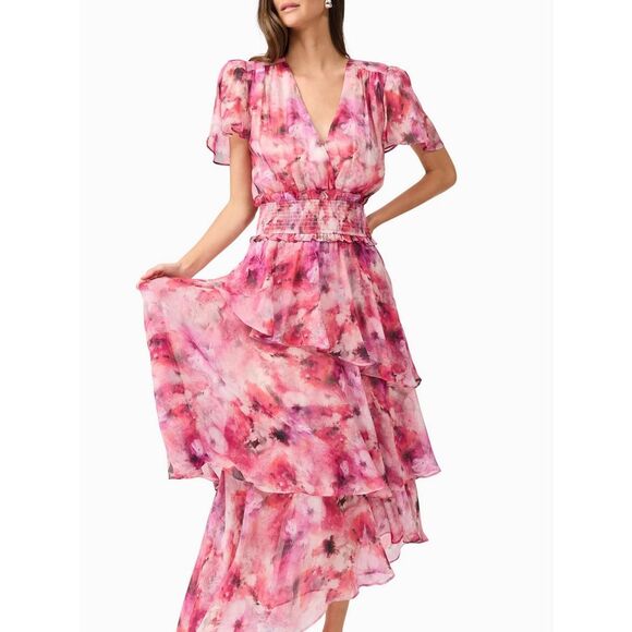 ELLIATT EVALINA TIERED MAXI DRESS - PINK MULTI in Floral Print Size S NWT$345 - Picture 1 of 8